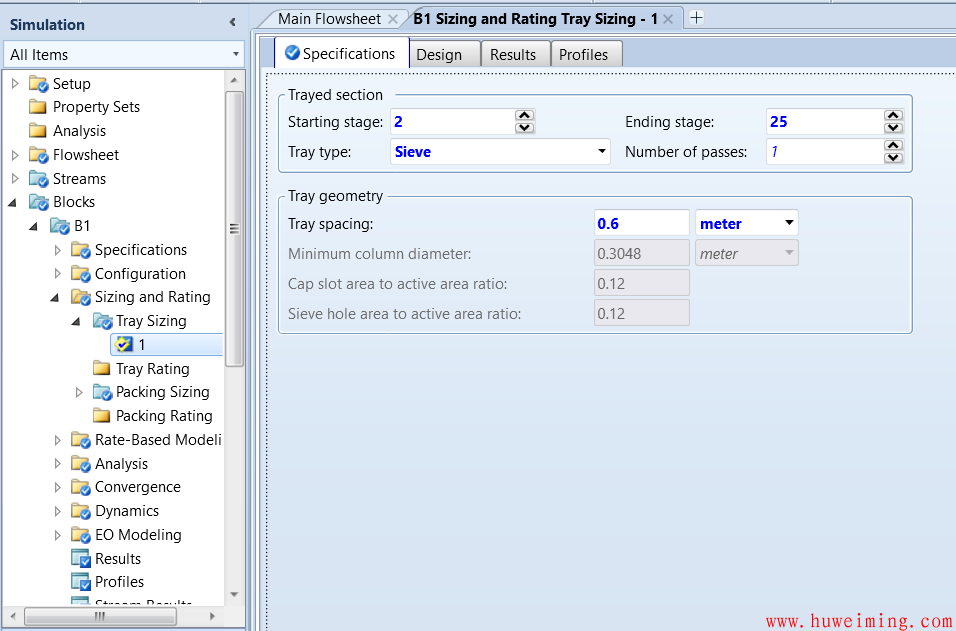 2:填写塔板参数.png Aspen Plus入门教程(6)-精馏塔塔径